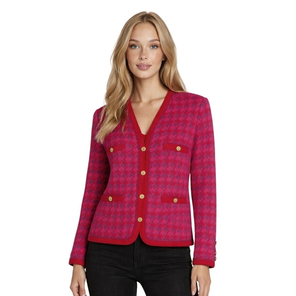 Cardigan Sweater Jacket Women Size Medium Pink Red Houndstooth Wool Lion Buttons